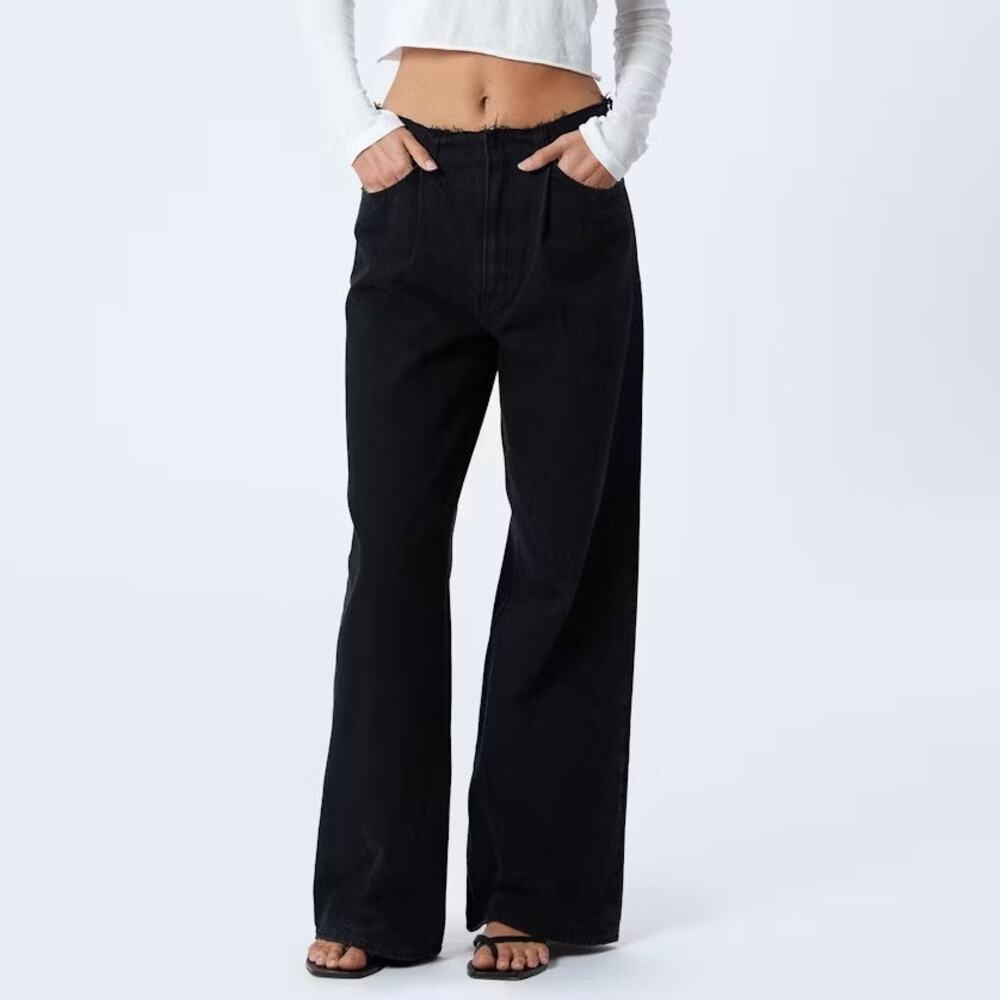 SLVRLAKE Taylor Wide Leg High Rise Pleated Jeans Distressed Frayed Waist Denim